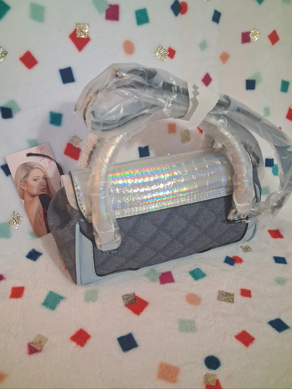 Paris Hilton Mason Mini Tote Crossbody Denim Holographic Iridescent NWT Easter - Picture 2 of 15